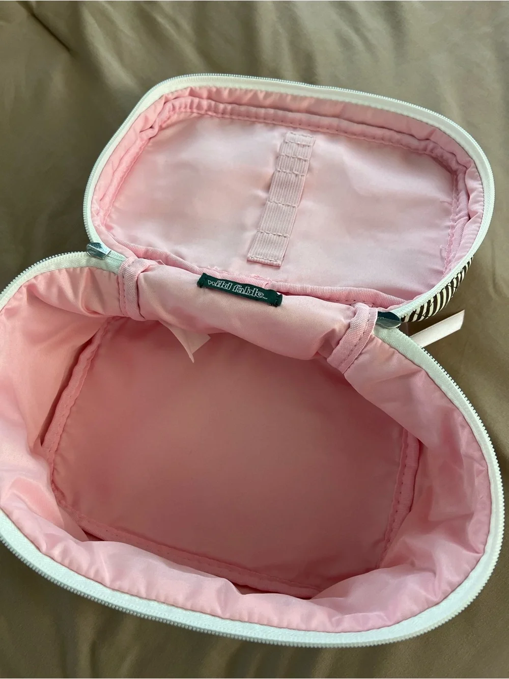 wild fable Brown & Cream Quilted Stripe Cosmetic Case with Pink Ribbon Zips